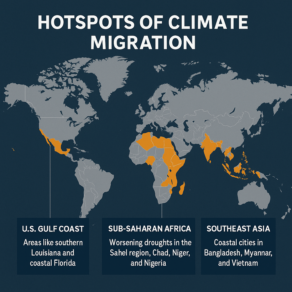 A choropleth world map showing climate migration hotspots in orange. Highlighted regions include the U.S. Gulf Coast, the Sahel region of Sub-Saharan Africa (including Chad, Niger, and Nigeria), and Southeast Asia (including Bangladesh, Myanmar, and Vietnam), labeled with their respective climate displacement causes.