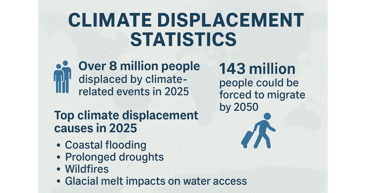 A 2D infographic titled "Climate Displacement Statistics" showing over 8 million people displaced by climate-related events in 2025 and a projected 143 million by 2050. It lists top causes: coastal flooding, prolonged droughts, wildfires, and glacial melt impacts on water access.